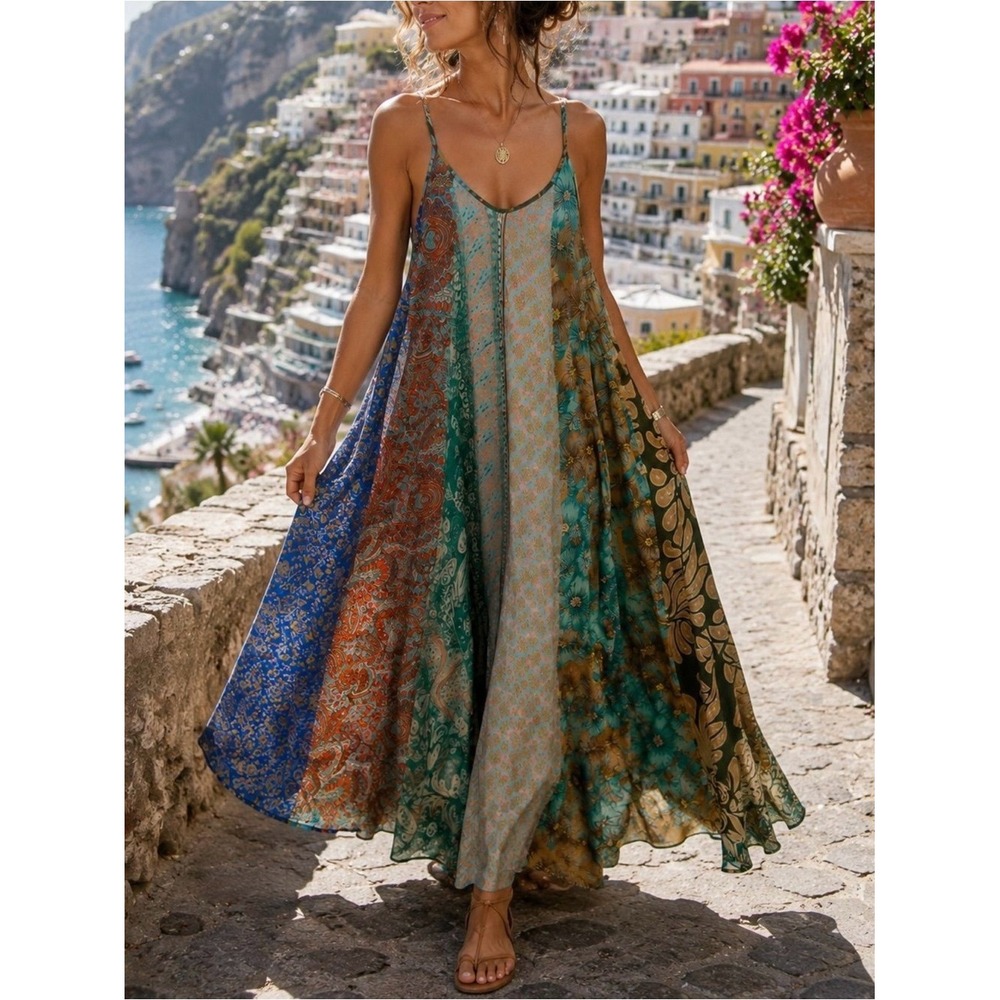 Karma Highway Bohemian Spaghetti-Strap Maxi Dress in Aqua Floral Patchwork